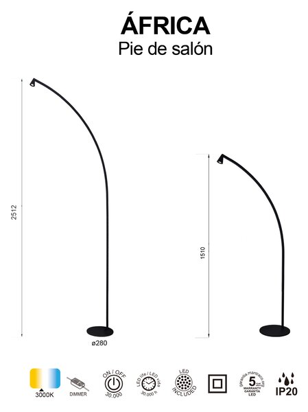 Mantra 9416 Africa, černá stojací lampa se stmívačem LED 8W, 3000K, výška 251cm