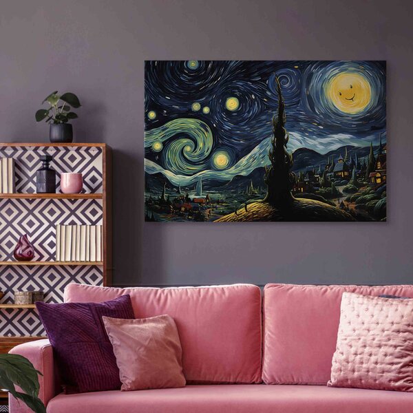 Obraz Hvězdná noc - krajina ve van Goghově stylu s usmívajícím se měsícem