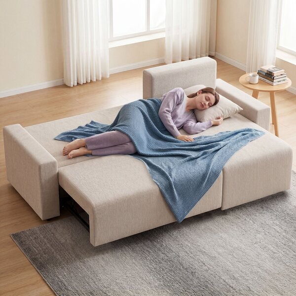 HOMCOM rozkládací rohová pohovka L, 3místná s otočnou chaise – béžový umělý semiš | Aosom