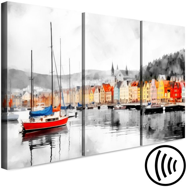 Obraz Bergen, město, Norsko, přístavní zátoka s lodí v živých barvách