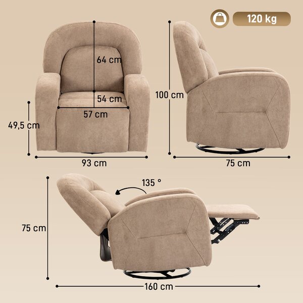 HOMCOM relaxační křeslo 360° otočné, houpací a sklápěcí do 135° – khaki | Aosom