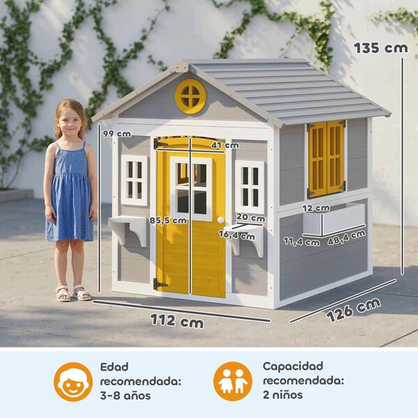 Outsunny dřevěný domeček do interiéru i exteriéru — šedý, s dveřmi, okny a truhlíky (3–8 let) | Aosom