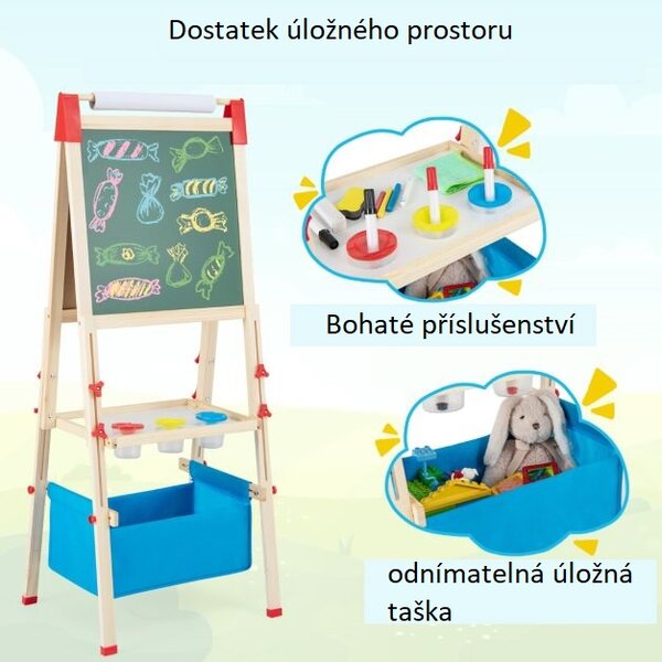 Dětská oboustranná tabule s rolí papíru a odkládacím košem, přírodní TM10062