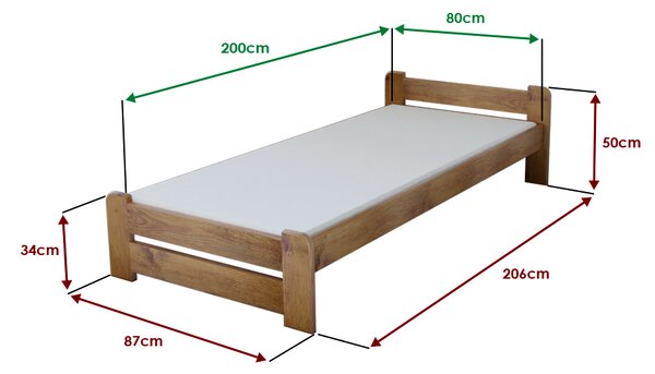 Postel Emily 80 x 200 cm, dub s lamelovým roštem a matrací Deluxe 10 cm