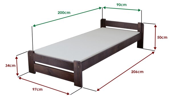 Postel Emily 90 x 200 cm, ořech s lamelovým roštem a matrací Deluxe 10 cm