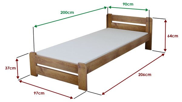 Postel Laura 90 x 200 cm, dub s lamelovým roštem