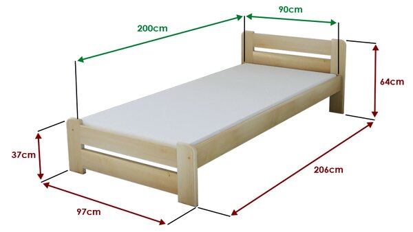 Postel Laura 90 x 200 cm, borovice s lamelovým roštem