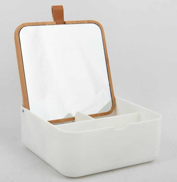 Spirella zrcadlo se šperkovnicí ALAIS, bílá, plast, bambus, 13,8 x 13,8 cm