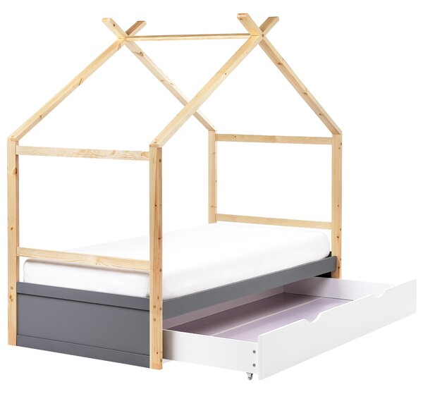 Dětská postel Domek Borovicové dřevo ORGEVAL 90 x 200 cm s úložným prostorem Šedá