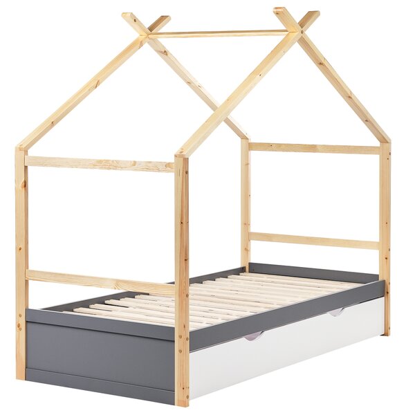 Dětská postel Domek Borovicové dřevo ORGEVAL 90 x 200 cm s úložným prostorem Šedá