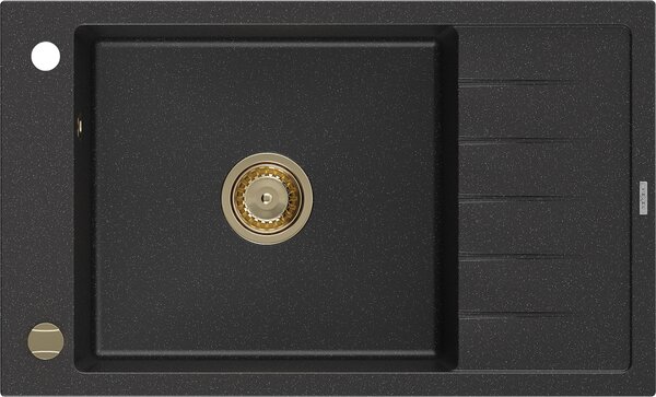 Mexen Elias, granitový dřez granitový 795x480x200 mm, 1-komorový, černá-stříbrná metalíza se zlatým sifonem, 6511791005-73-G