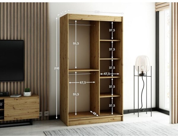 Praktická šatní skříň LENOX 120 - dub artisan / černá