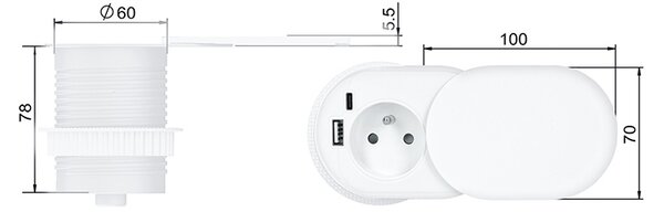 SOLIGHT Vestavná zásuvka s posuvným víčkem, USB A+C 20W PD, 2m, matná bílá