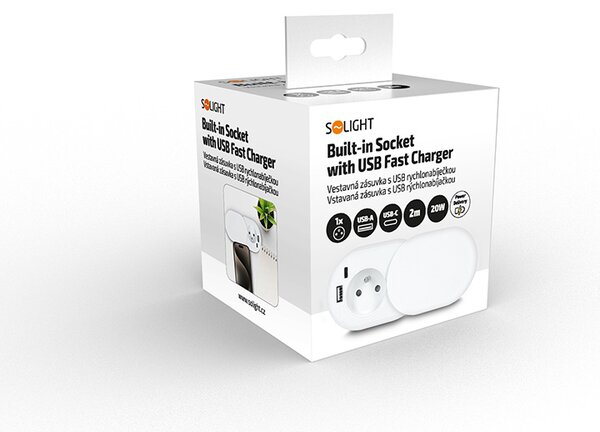 SOLIGHT Vestavná zásuvka s posuvným víčkem, USB A+C 20W PD, 2m, matná bílá