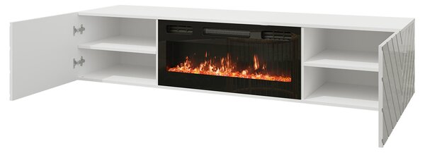 Závěsný TV stolek s elektrickým krbem WANDER - černý / lesklý černý