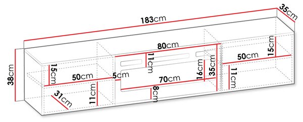 Závěsný TV stolek s elektrickým krbem WANDER - černý / lesklý černý