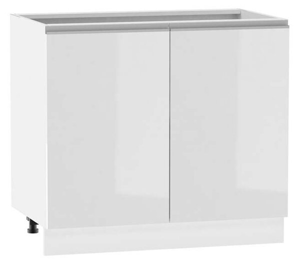 Dvoudveřová skříňka s policí ADAMA - šířka 90 cm, lesklá bílá / bílá, stříbrná úchytka, nožky 15 cm