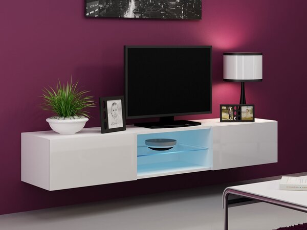 Televizní stolek se skleněnou poličkou a LED modrým osvětlením ASHTON - bílý / lesklý bílý