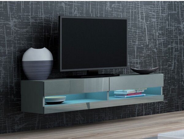 TV stolek s LED bílým osvětlením 140 cm ASHTON 1 - šedý / lesklý šedý