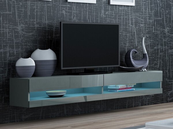 TV stolek s LED modrým osvětlením 180 cm ASHTON 1 - šedý / lesklý šedý