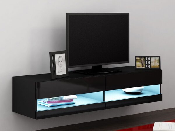 TV stolek s LED modrým osvětlením 140 cm ASHTON 1 - černý / lesklý černý