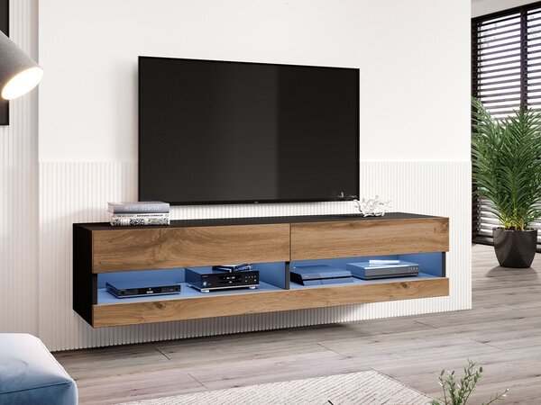 TV stolek s LED modrým osvětlením 180 cm ASHTON 1 - černý / dub wotan