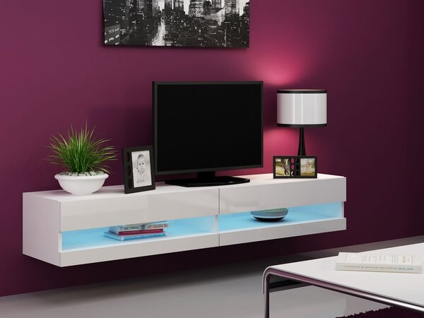 TV stolek s LED modrým osvětlením 180 cm ASHTON 1 - bílý / lesklý bílý