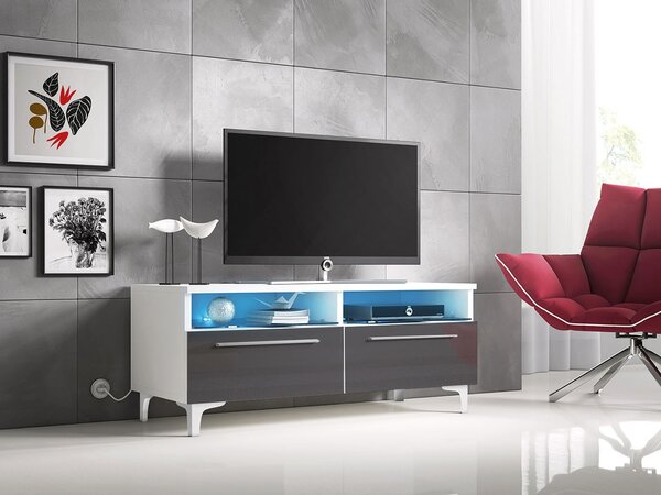 Televizní stolek na nožkách s LED osvětlením FERNS 6 - bílý / lesklý šedý