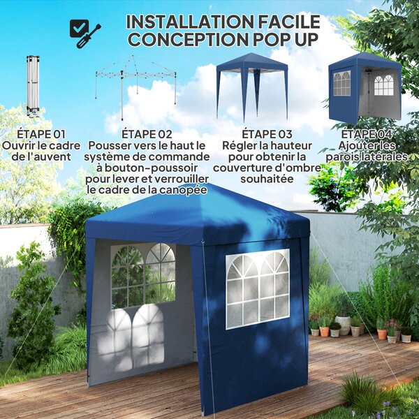 Skládací zahradní altán Outsunny 2 x 2 m s nastavitelnou výškou, 3 úrovně, Anti-UV 30+, 3 boční stěny s 4 pískovými sáčky a 1 taškou na přenášení, tma