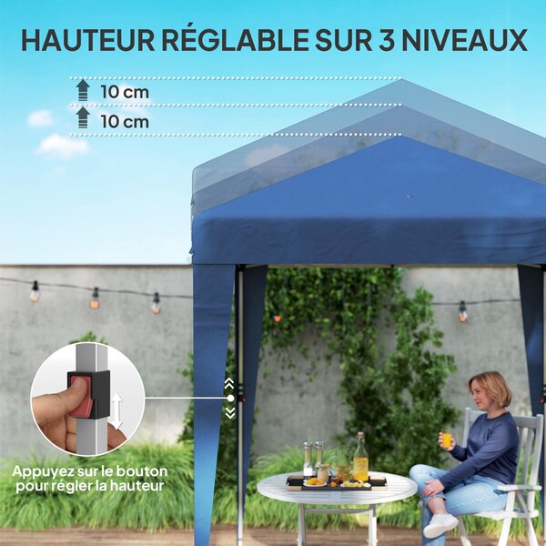 Skládací zahradní altán Outsunny 2 x 2 m s nastavitelnou výškou, 3 úrovně, Anti-UV 30+, 3 boční stěny s 4 pískovými sáčky a 1 taškou na přenášení, tma