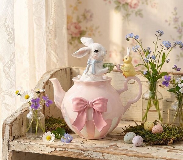 Dekorace králík s kuřátkem na čajové konvičce - 20*14*20 cm - Clayre & Eef
