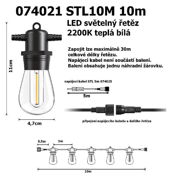 T-LED LED světelný řetěz STL10M 10m, 10xE27, IP65