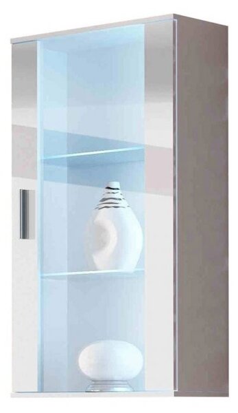 Závěsná vitrína s LED modrým osvětlením KARA - bílá / lesklá bílá