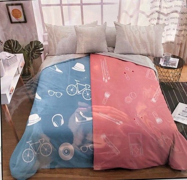 Bavlněné povlečení na 2 postele BIKE AND SHOE modré + povlaky na polštářek 40 x 50 cm zdarma
