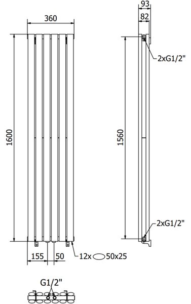 Mexen Dallas dekorativní radiátor 1600 x 360 mm, 1039 W, černý - W214-1600-360-00-70