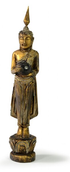 Narozeninový Buddha, středa, teak, zlatá patina, 26cm