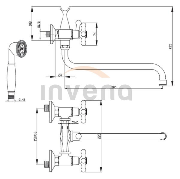Invena Roma, vanová baterie s prodlouženou výlevkou 300mm as ruční sprchovou sadou, chromová, INV-BW-24-00S-L