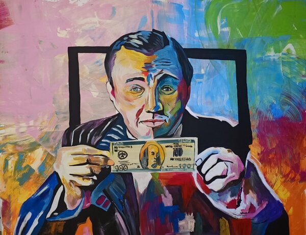 Ručně malovaný obraz od Sandra Horká - "Vlk z Wall Street", rozměr: 150 x 120 cm