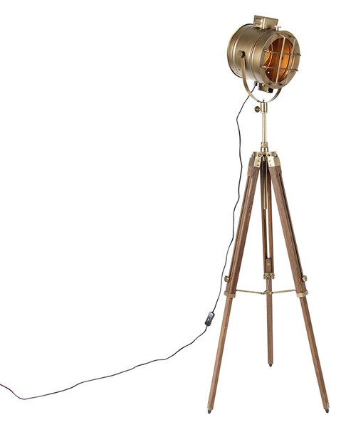 Stativová stojací lampa bronzová s dřevěným studiovým bodem - Lesklá