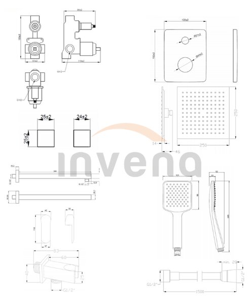 Invena Siros, podomítková sprchová sada s dešťovou hlavovou sprchovou 25x25 cm a ruční hlavicí, černá matná, INV-BS-90-011-A