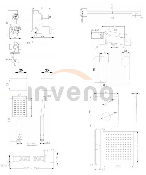 Invena Siros, podomítková sprchová sada s dešťovou hlavovou sprchovou 25x25 cm a ruční hlavicí, chromová, INV-BS-90-0K2-A