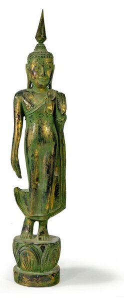 Narozeninový Buddha, pondělí, teak, zelená patina, 35cm