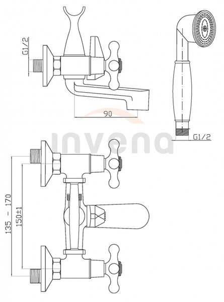 Invena Roma, vanová baterie s ruční sprchovou sadou, chromová, INV-BW-21-00S-L