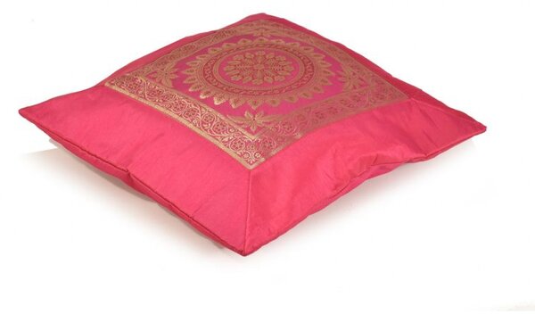 Povlak na polštář, růžový s mandala designem, zlatá výšivka, 40x40cm