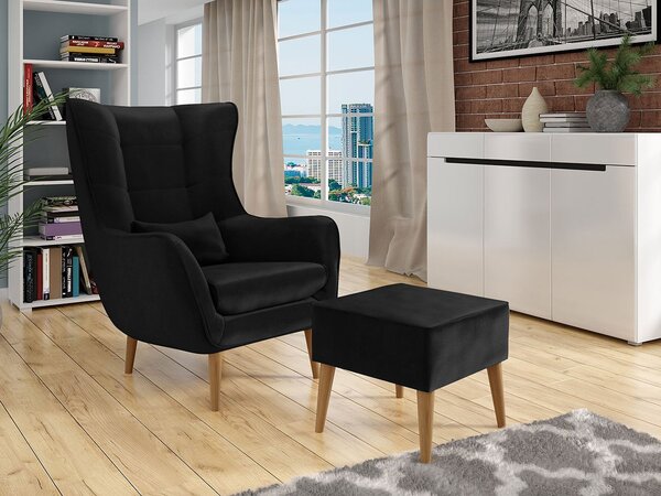 Designové křeslo ušák s taburetkou LEVI - černé