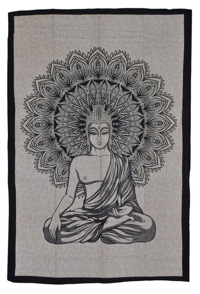 Přehoz s tiskem, Buddha, hnědo-béžový podklad, černý tisk, 140x202cm