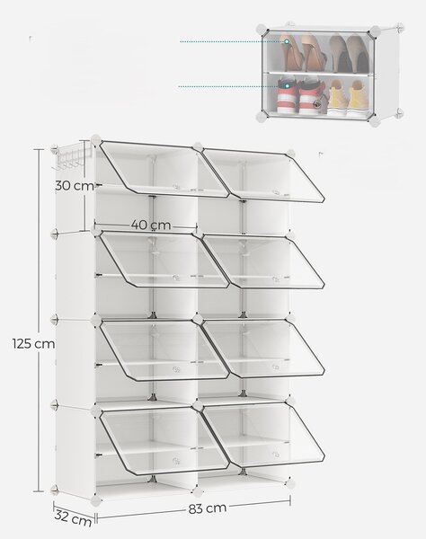 SONGMICS Modulární botník Lux s 8 dvířky čirý/bílý