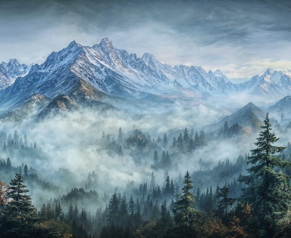 Obraz na plátně - Hory a lesy v mlžné kaši FeelHappy.cz Velikost obrazu (šířka x výška): 120 x 40 cm