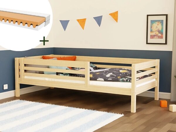 Vysoká dětská dřevěná postel TULY se zábranou 90x200 + matrace WAVE - Nelakovaná, S otevřeným vstupem