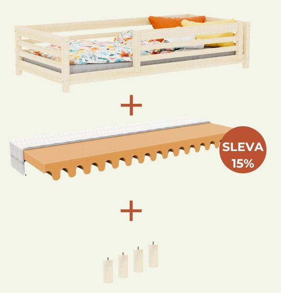 Vysoká dětská dřevěná postel TULY se zábranou 90x200 + matrace WAVE - Nelakovaná, S otevřeným vstupem